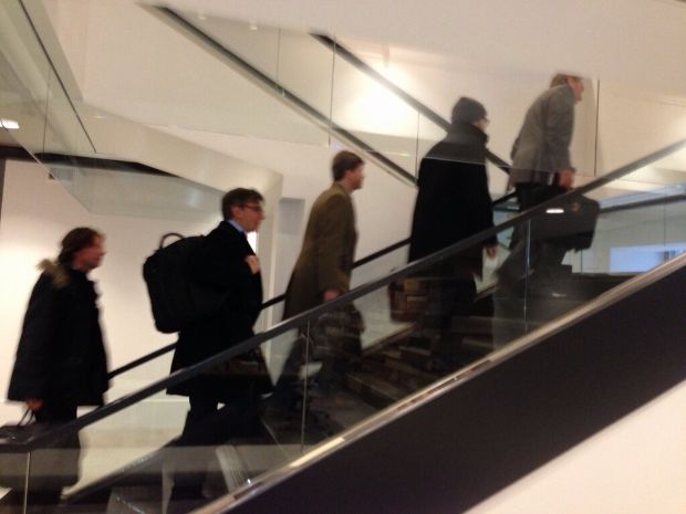 Andy Batkin and the speakers for the Social TV Thought Leadership Roadshow take the stairs to the seventh floor lunch room of the BBDO agency.