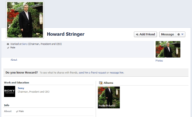 Screen grab of Facebook Page of Sir Howard Stringer
